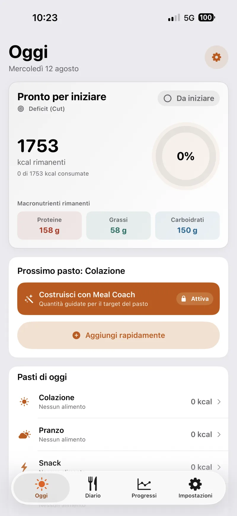 Schermata Oggi di TDEEzy in modalità chiara