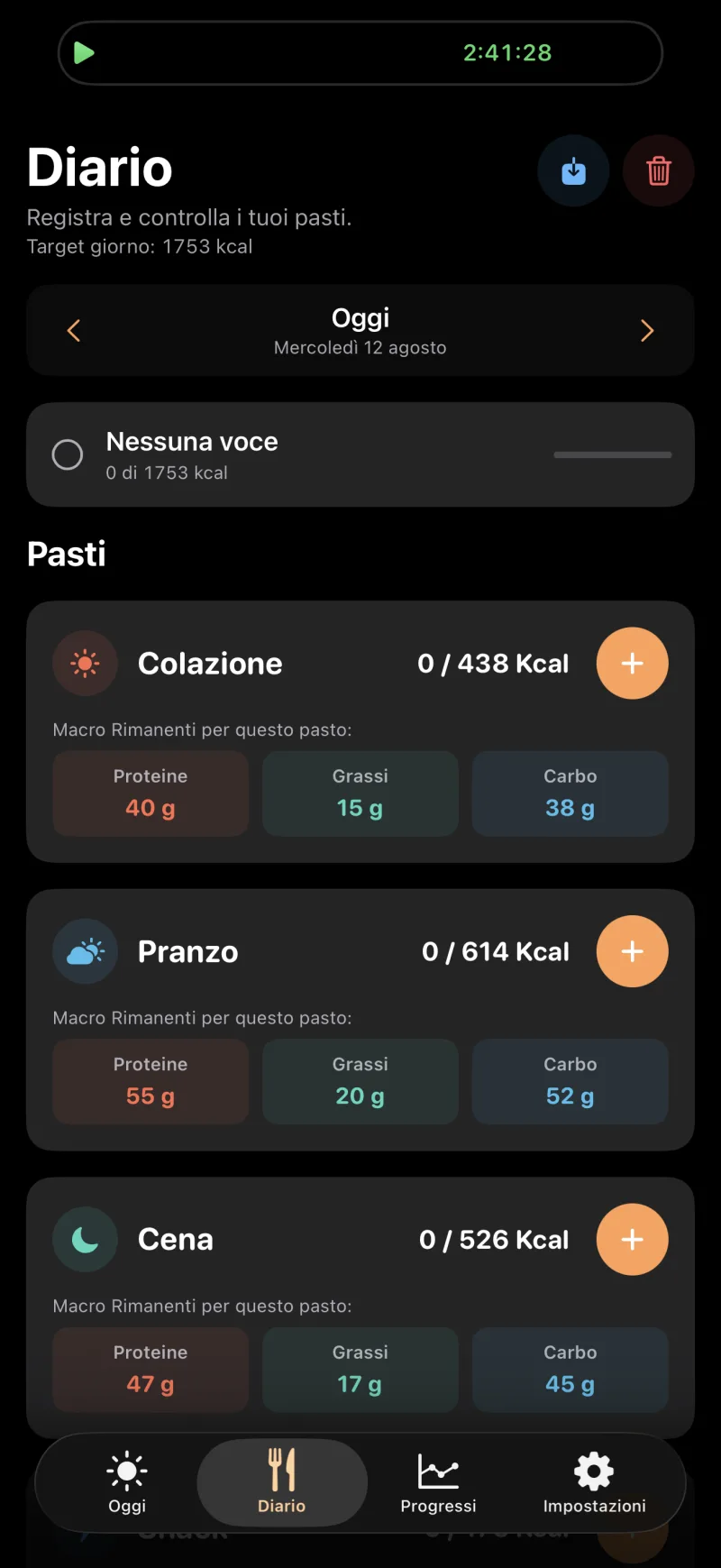 Schermata Diario di TDEEzy in modalità scura