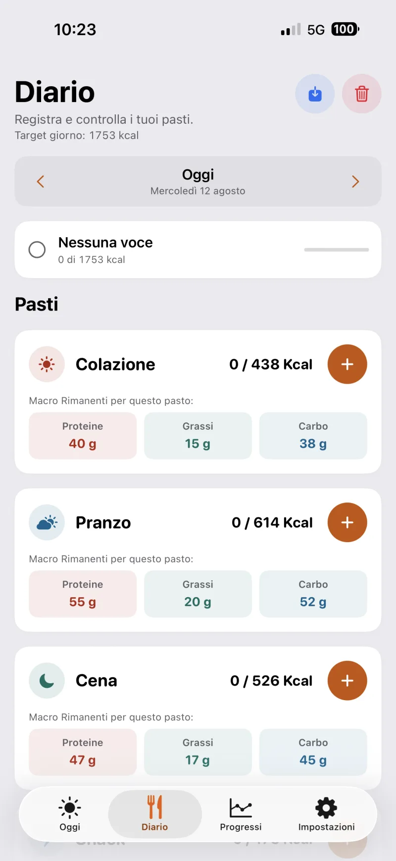 Schermata Diario di TDEEzy in modalità chiara
