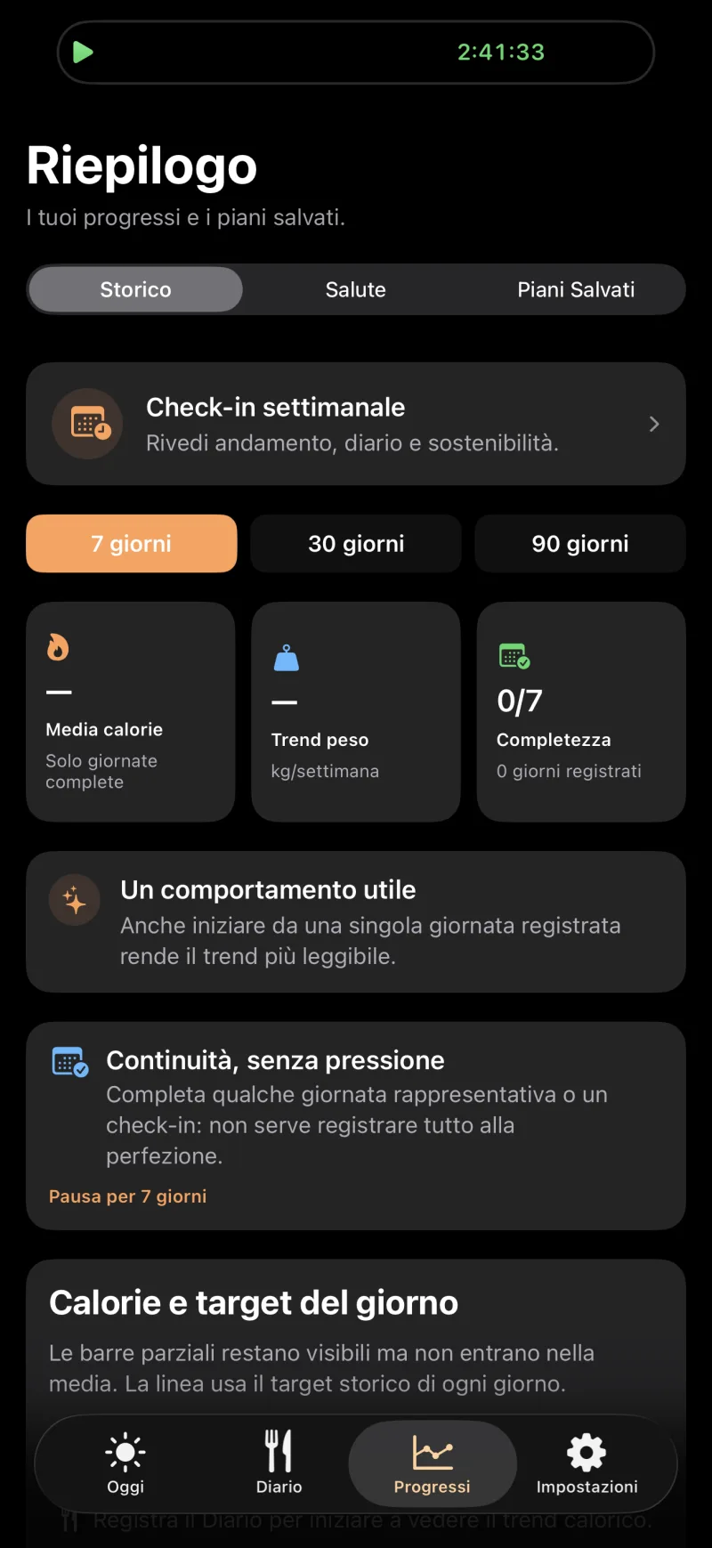 Schermata Progressi di TDEEzy in modalità scura
