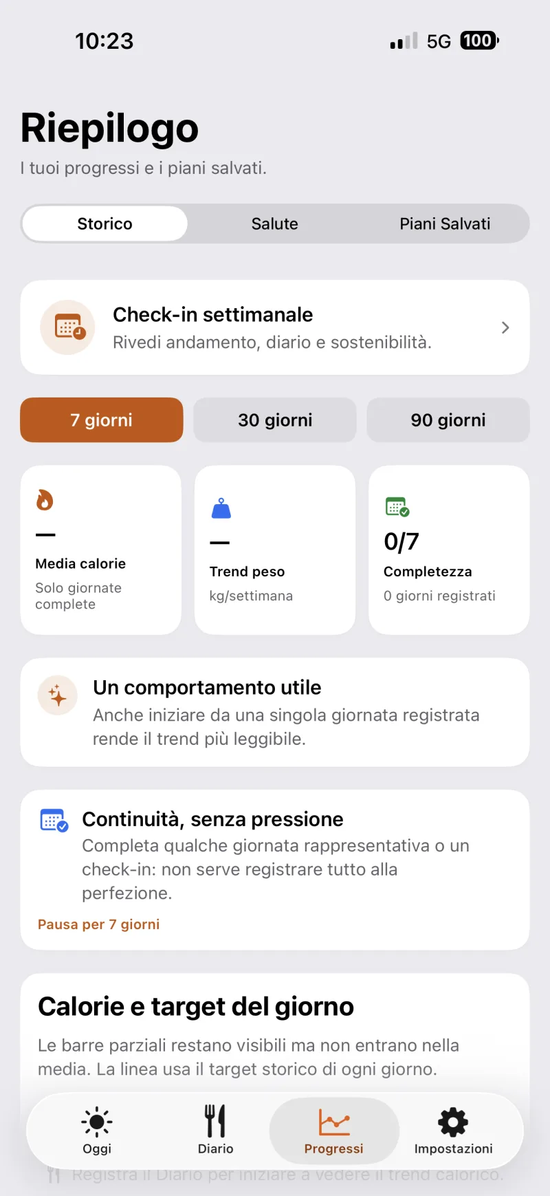 Schermata Progressi di TDEEzy in modalità chiara