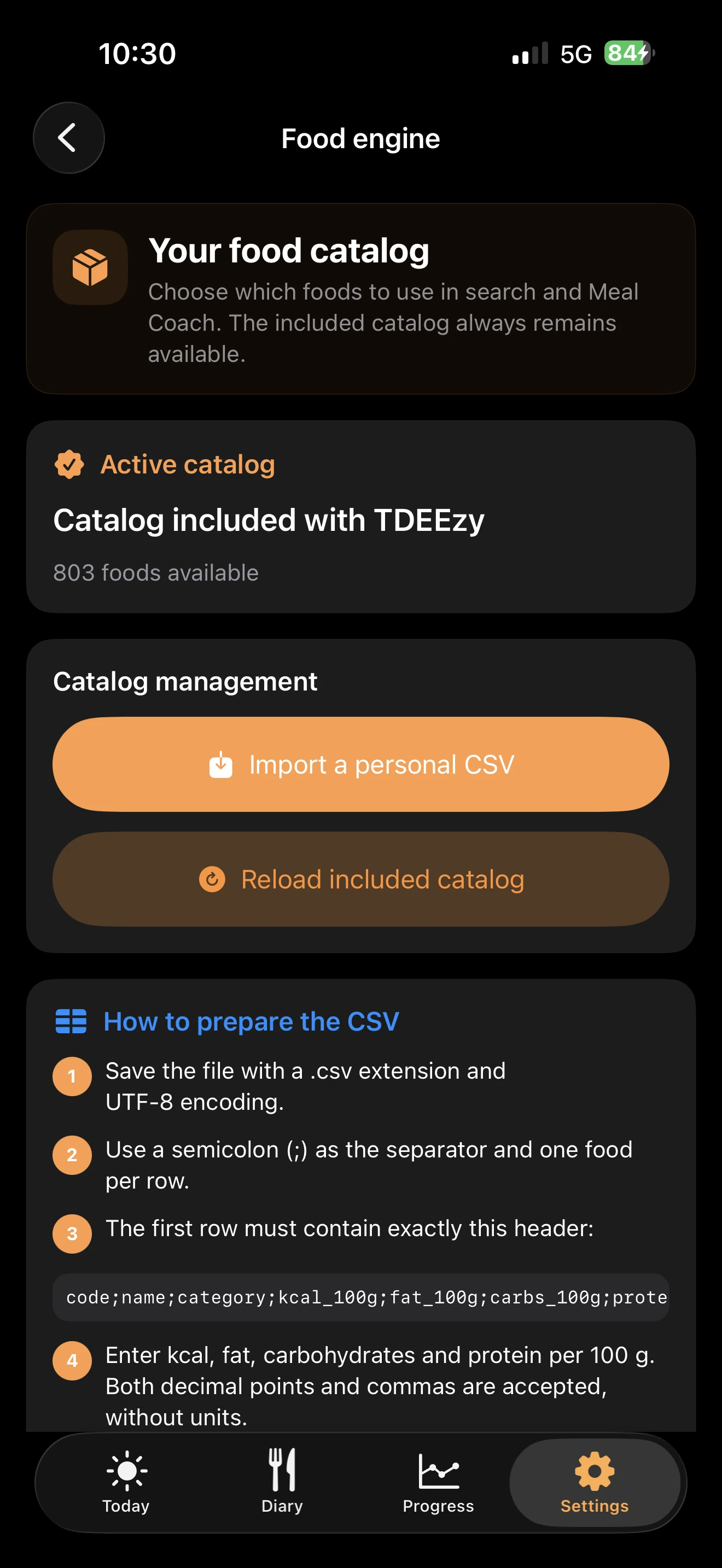 TDEEzy 5.0 Food Engine and local CSV catalogue — Dark Mode