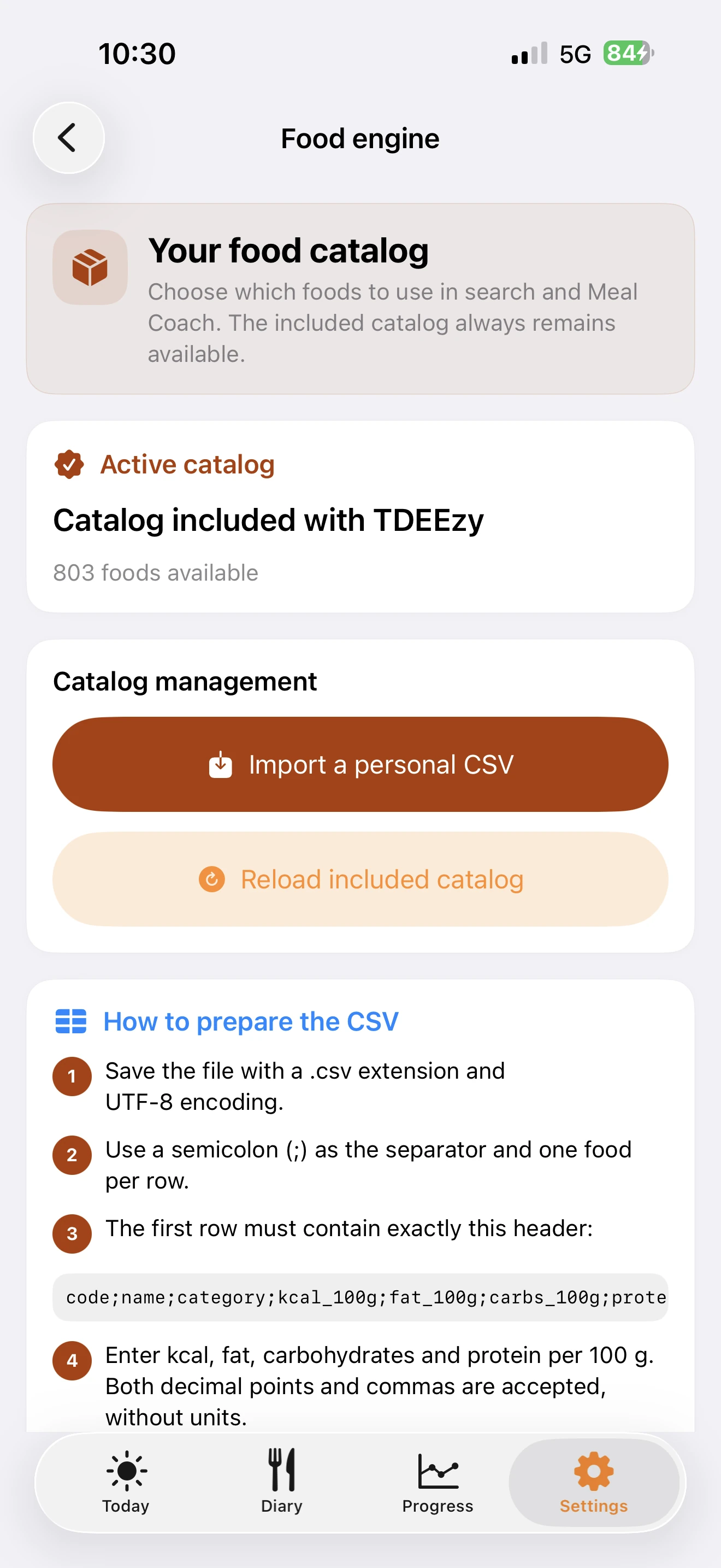 TDEEzy 5.0 Food Engine and local CSV catalogue — Light Mode