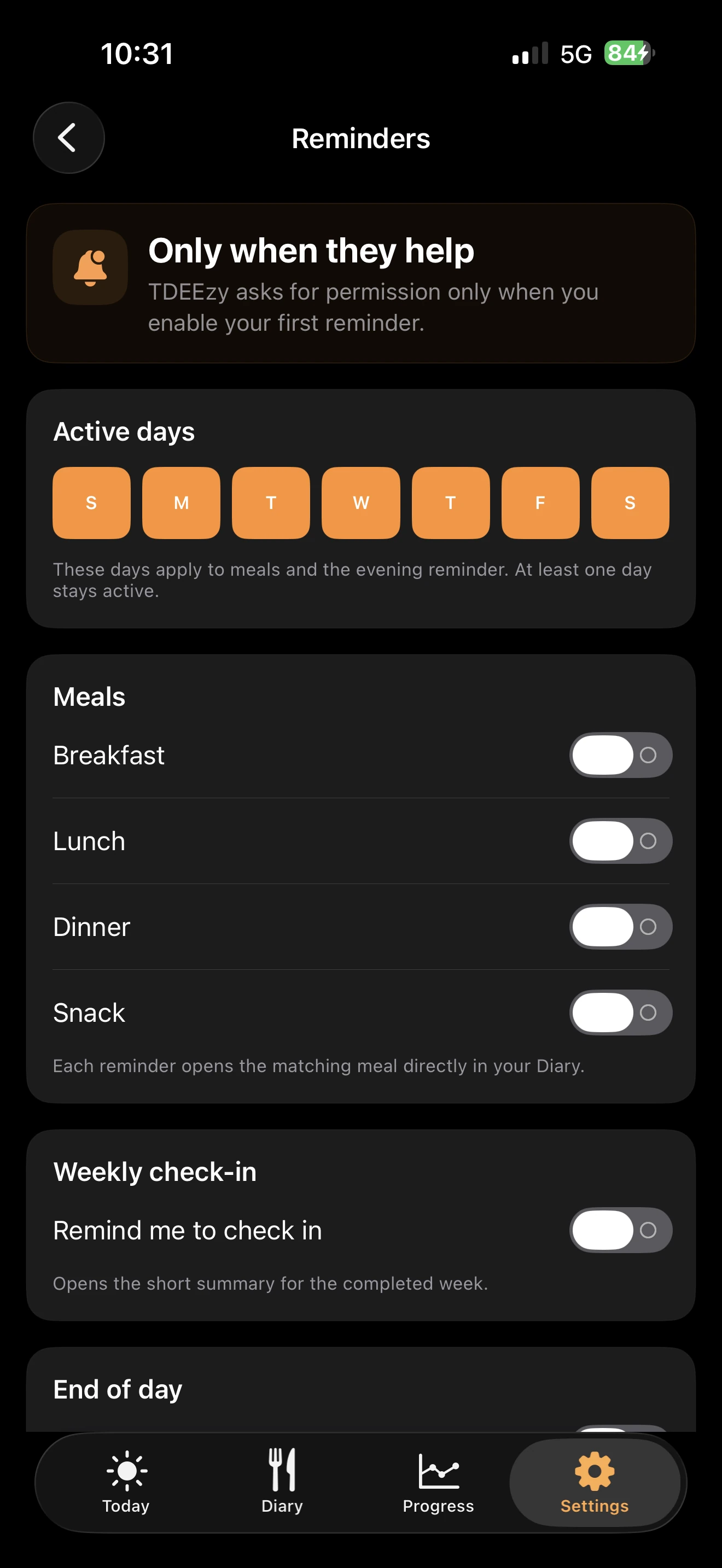 TDEEzy 5.0 reminder configuration — Dark Mode