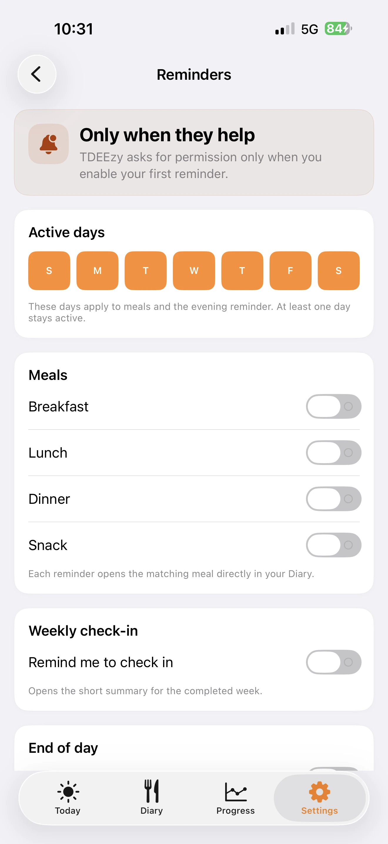 TDEEzy 5.0 reminder configuration — Light Mode