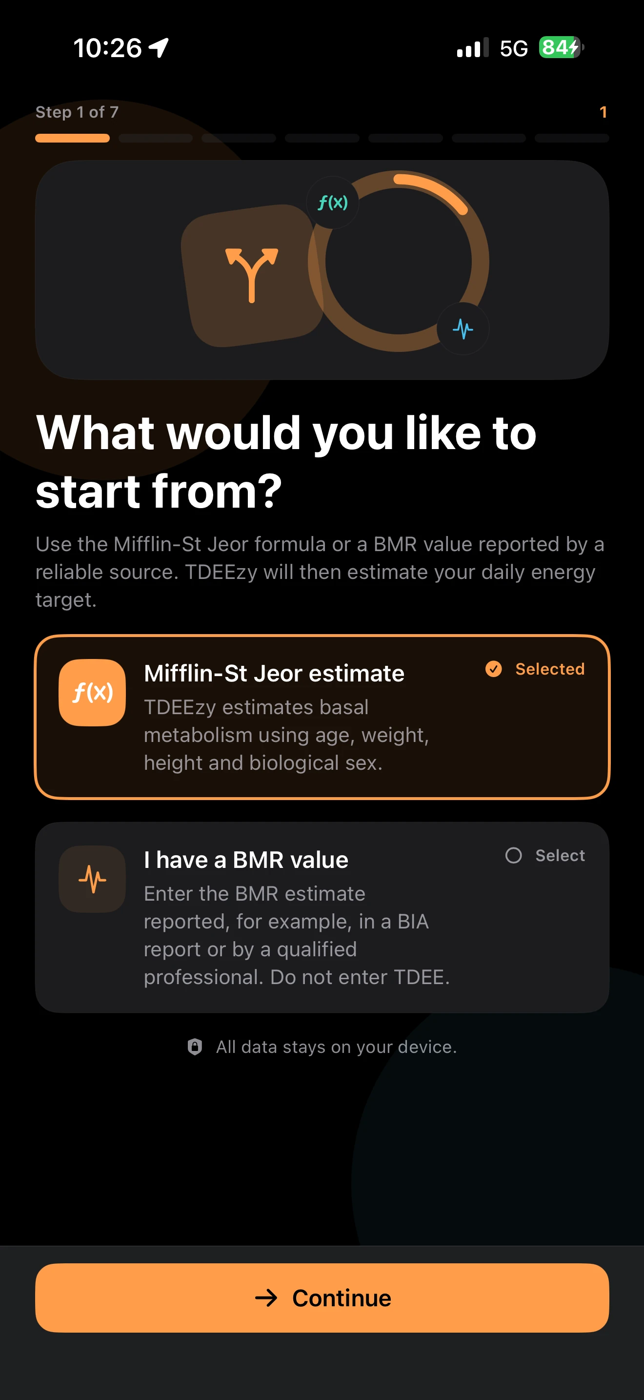BMR method choice in the new onboarding — Dark Mode