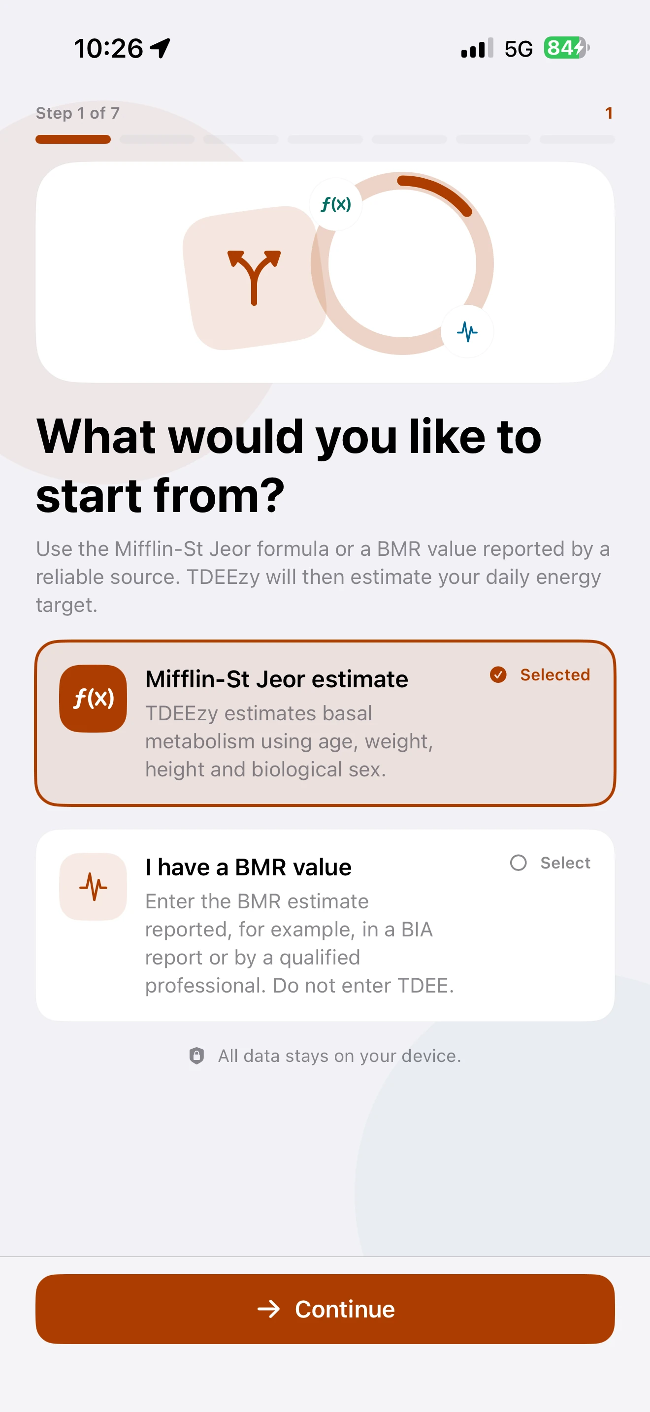 BMR method choice in the new onboarding — Light Mode