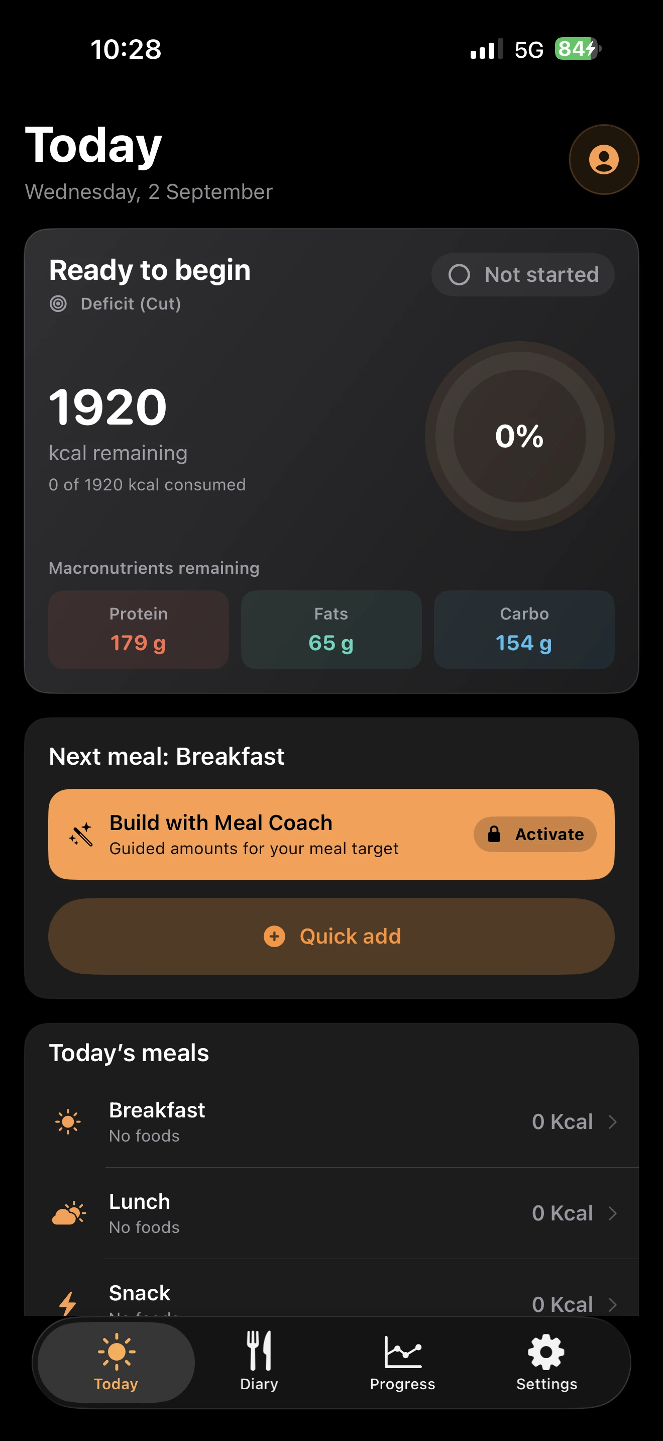 TDEEzy 5.0 Today screen — Dark Mode