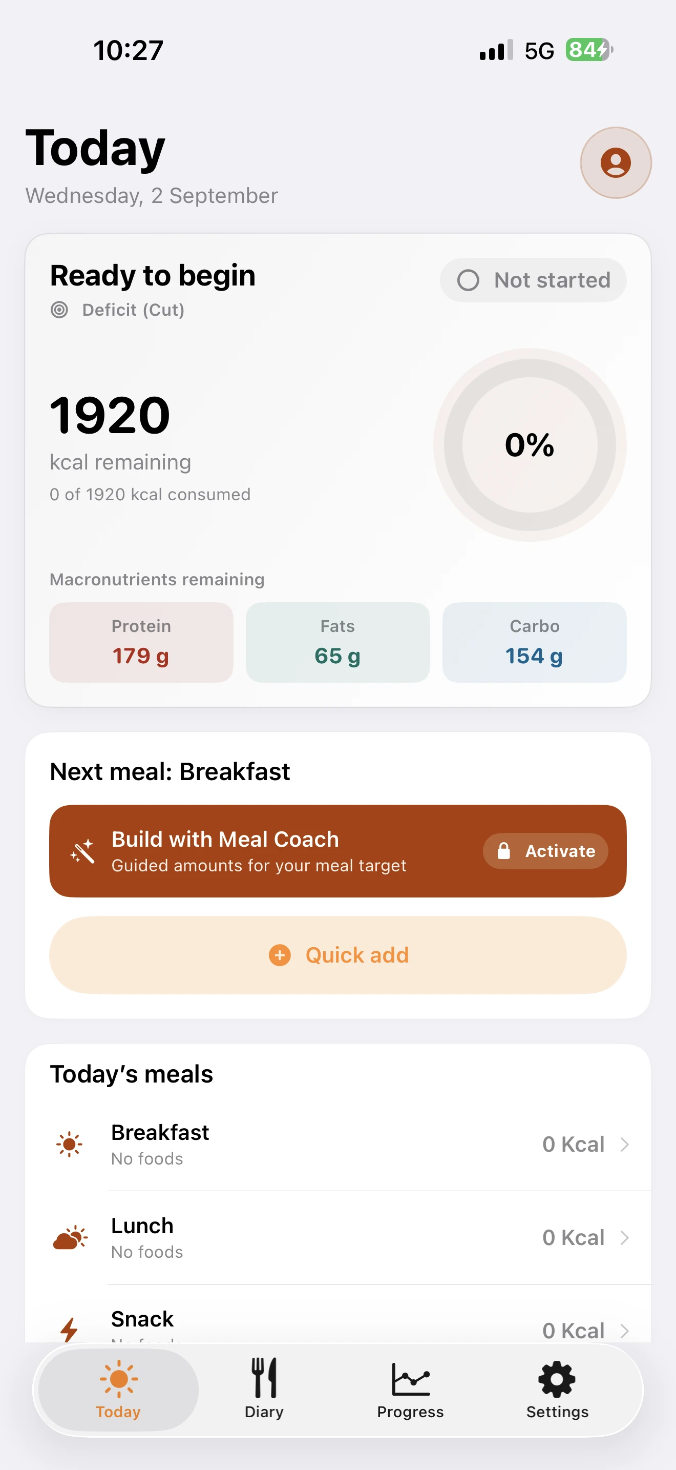 TDEEzy 5.0 Today screen — Light Mode