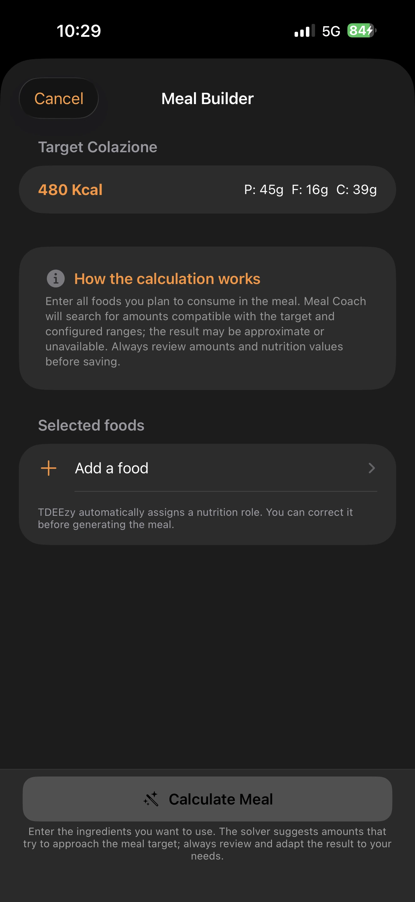 Meal Coach 5.0 builder — Dark Mode