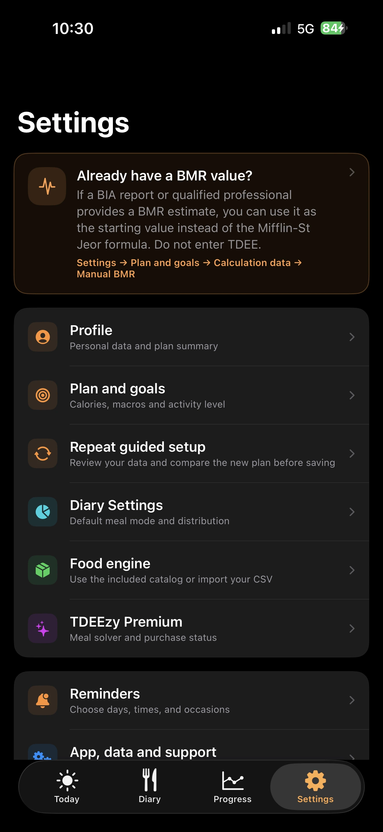 TDEEzy 5.0 Settings screen — Dark Mode
