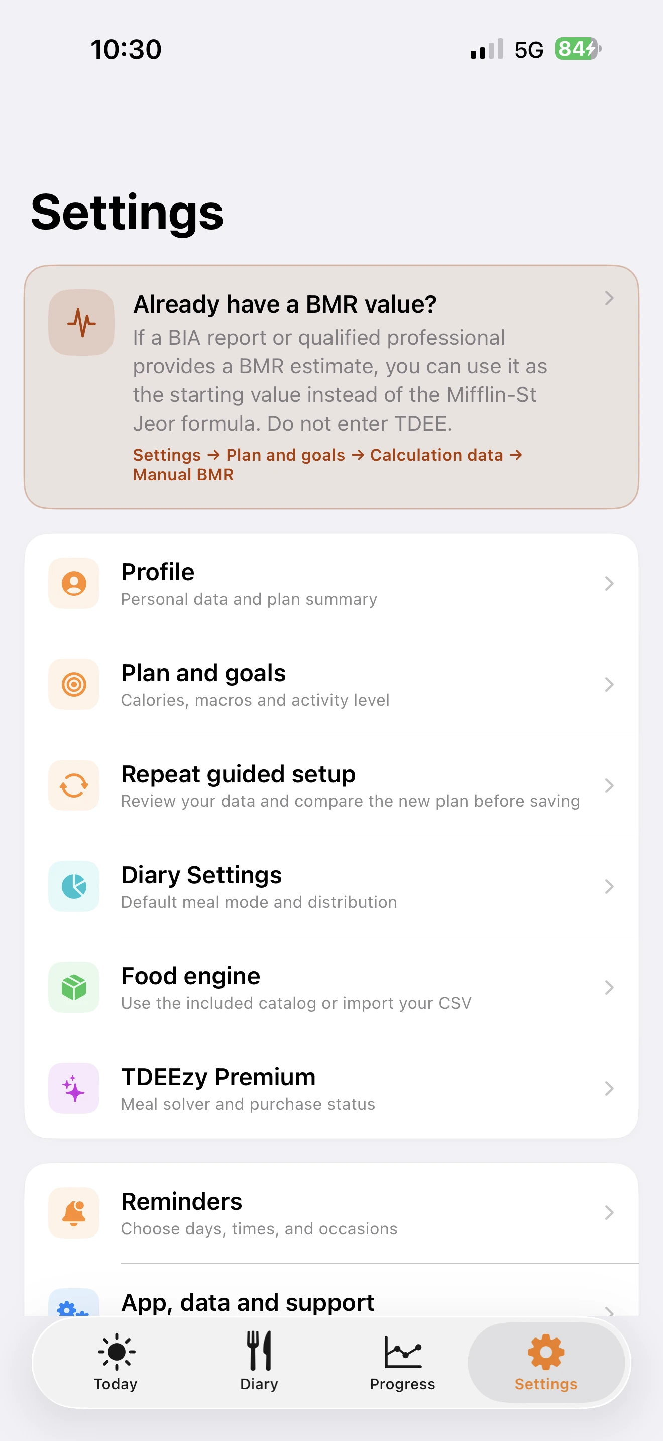 TDEEzy 5.0 Settings screen — Light Mode