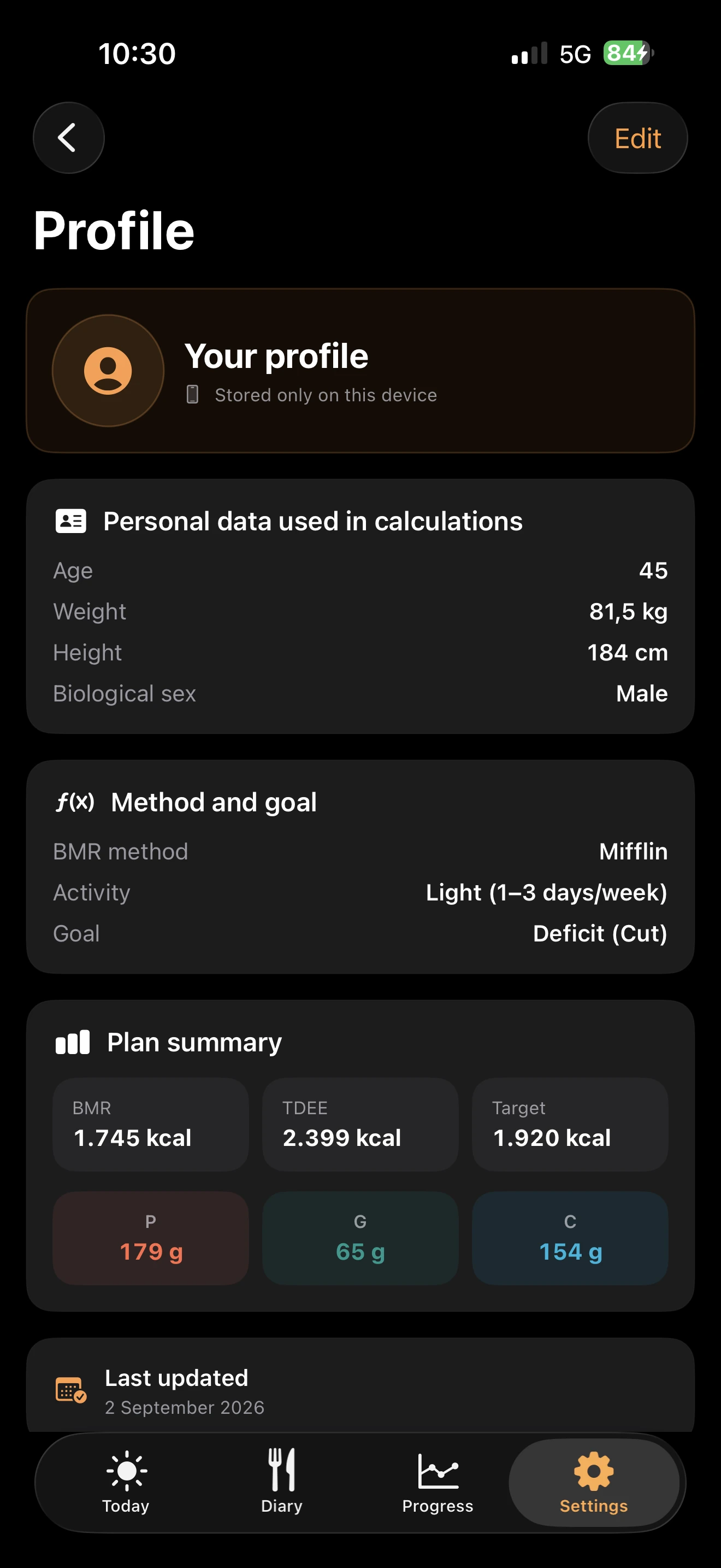 TDEEzy local Profile — Dark Mode