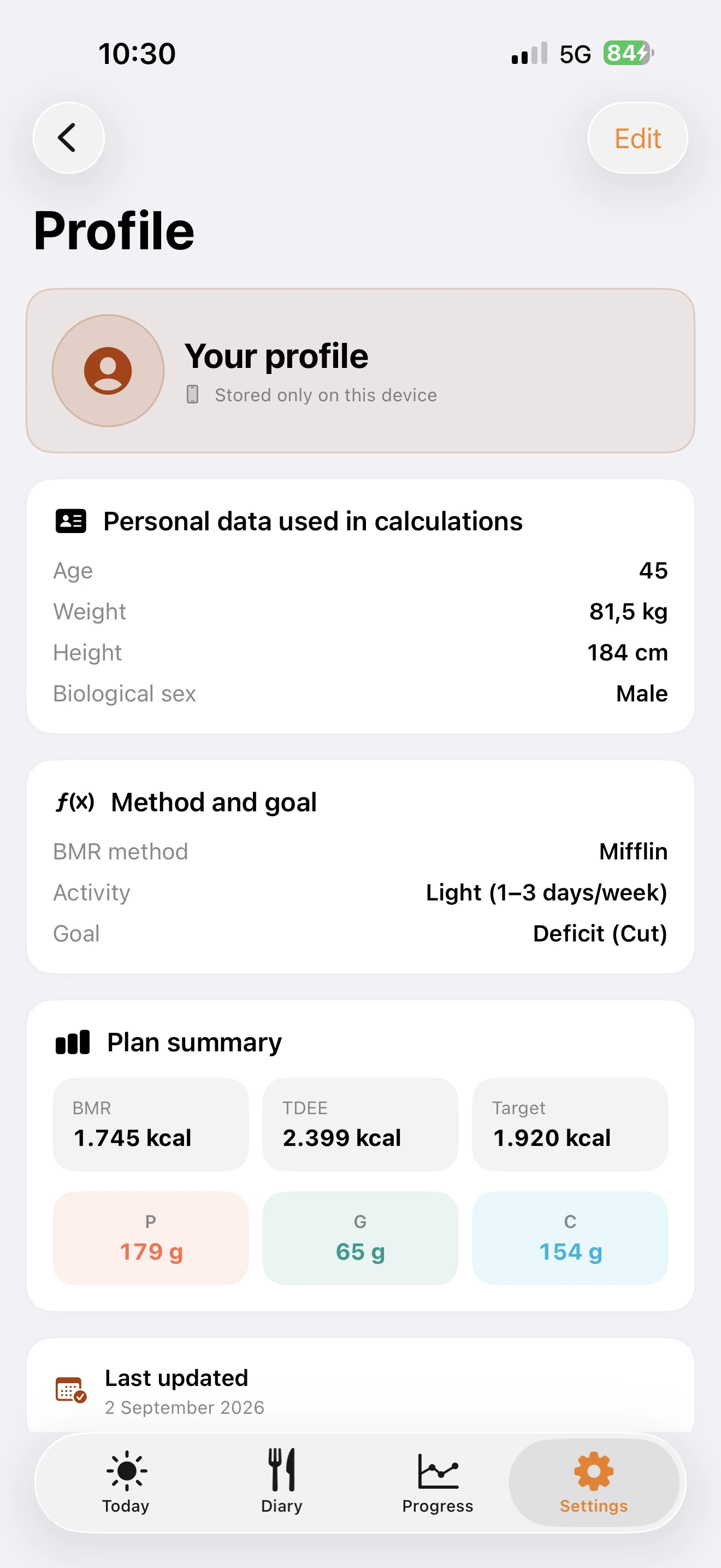 TDEEzy local Profile — Light Mode