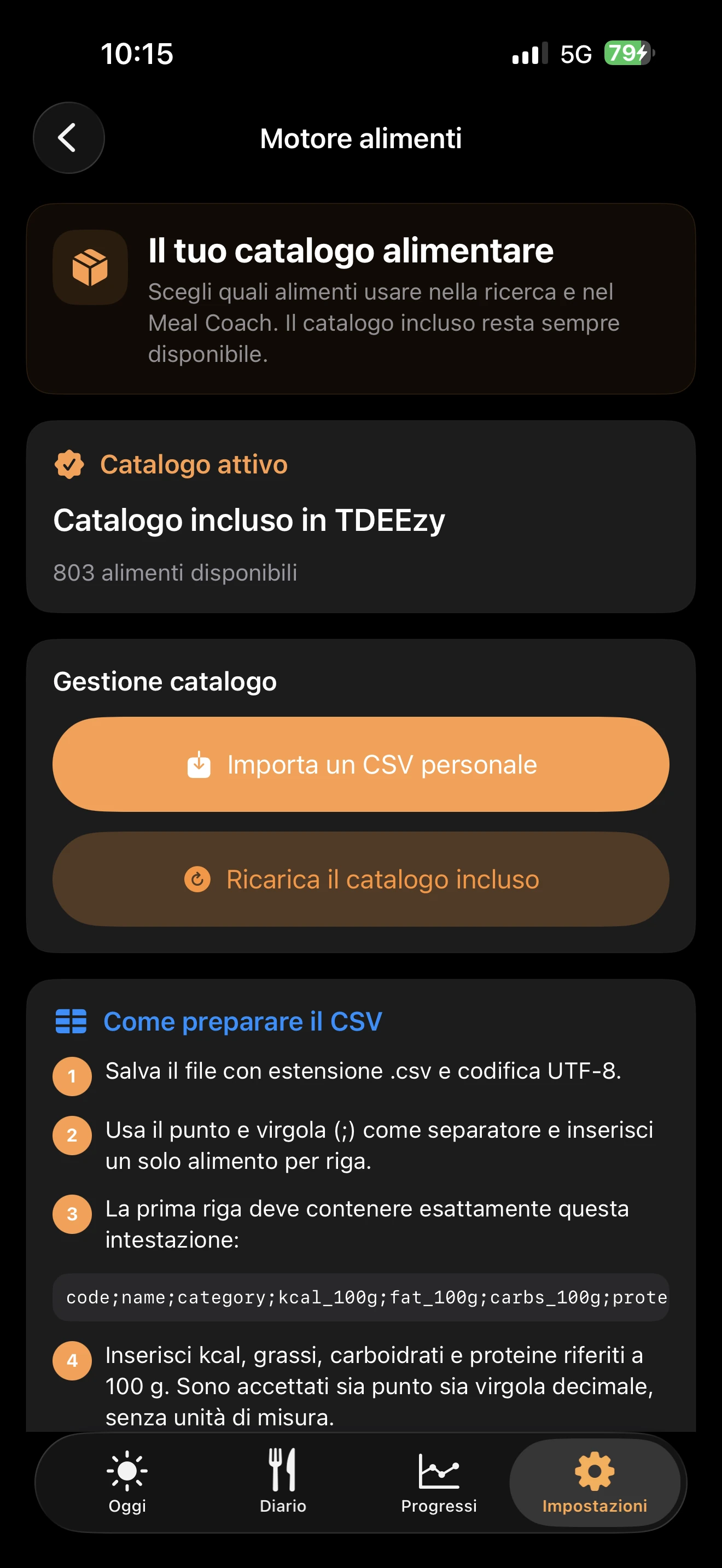 Motore alimenti di TDEEzy 5.0 — Dark Mode