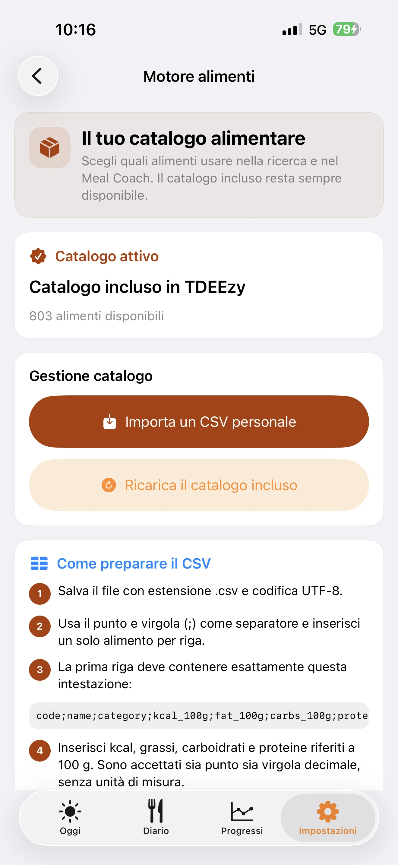 Motore alimenti di TDEEzy 5.0 — Light Mode