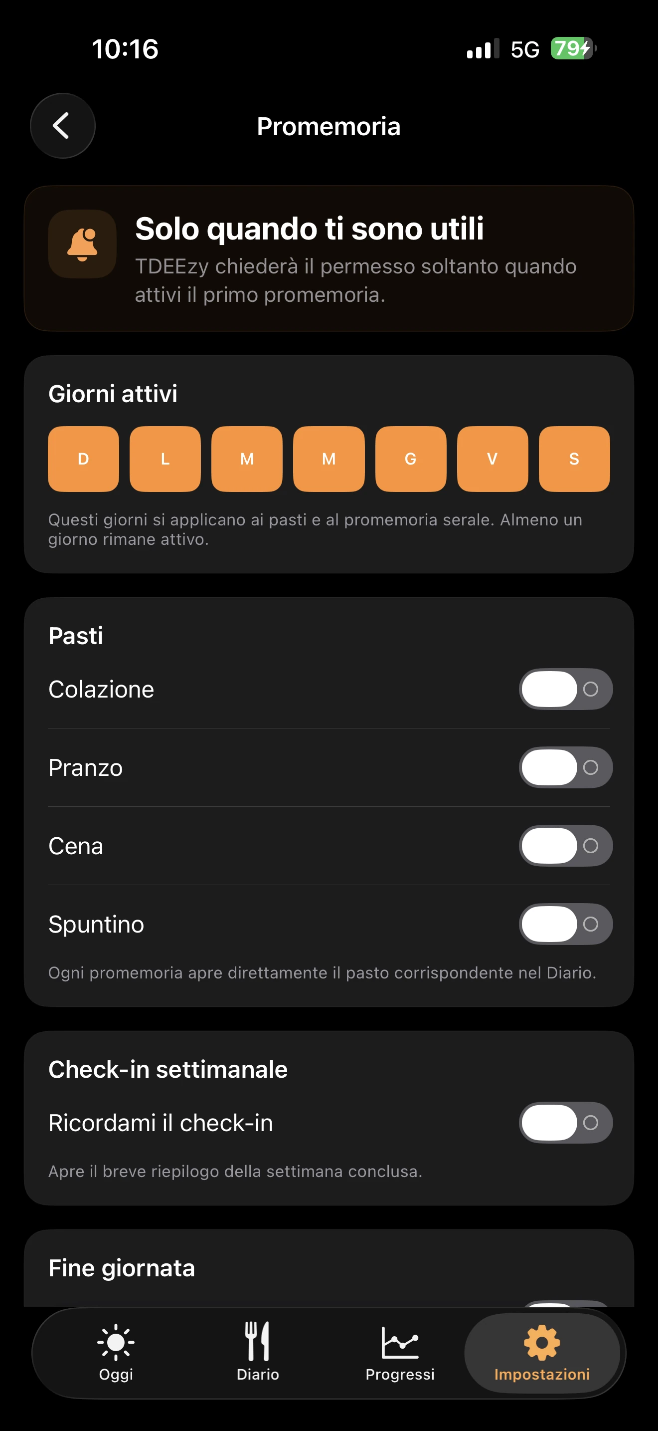 Configurazione dei promemoria di TDEEzy 5.0 — Dark Mode