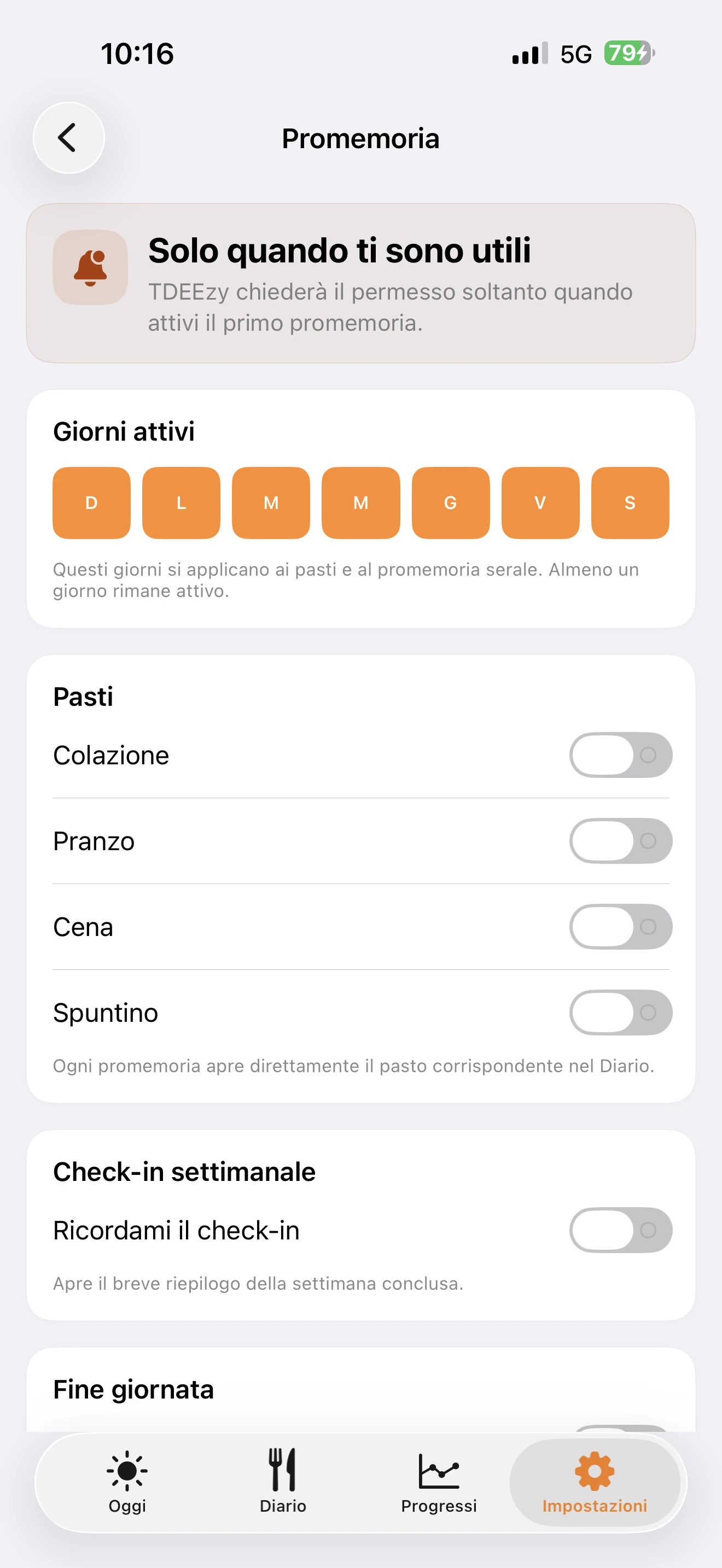 Configurazione dei promemoria di TDEEzy 5.0 — Light Mode