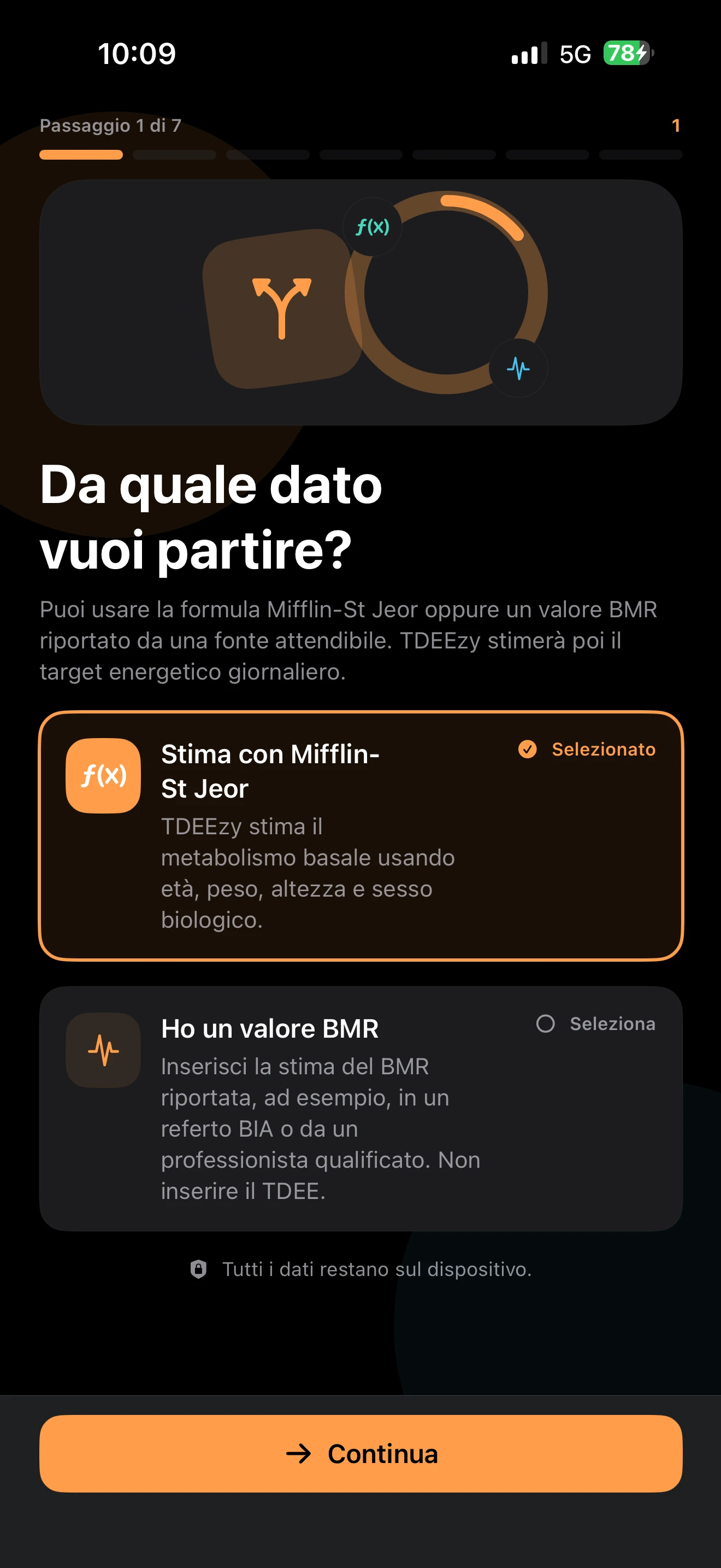 Scelta del metodo BMR nel nuovo onboarding — Dark Mode