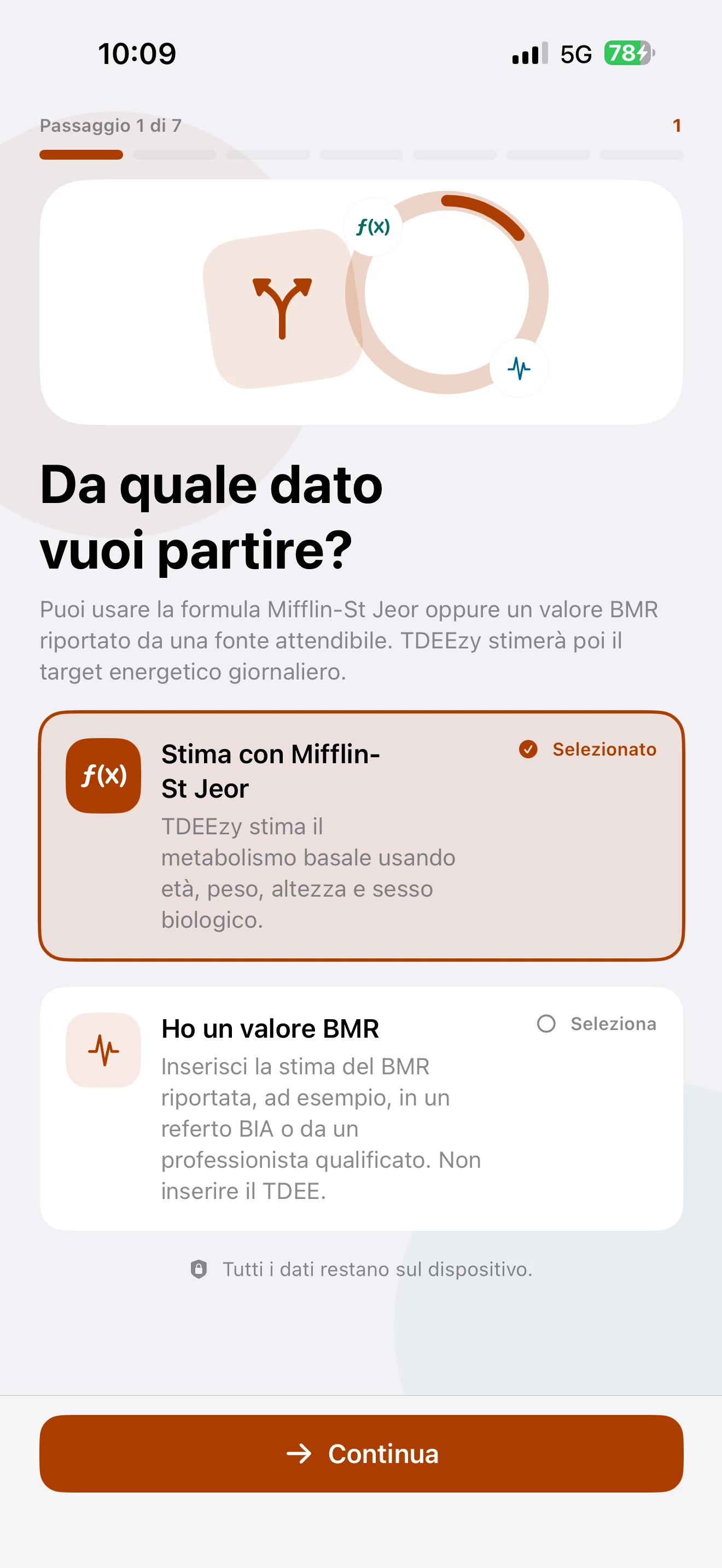 Scelta del metodo BMR nel nuovo onboarding — Light Mode