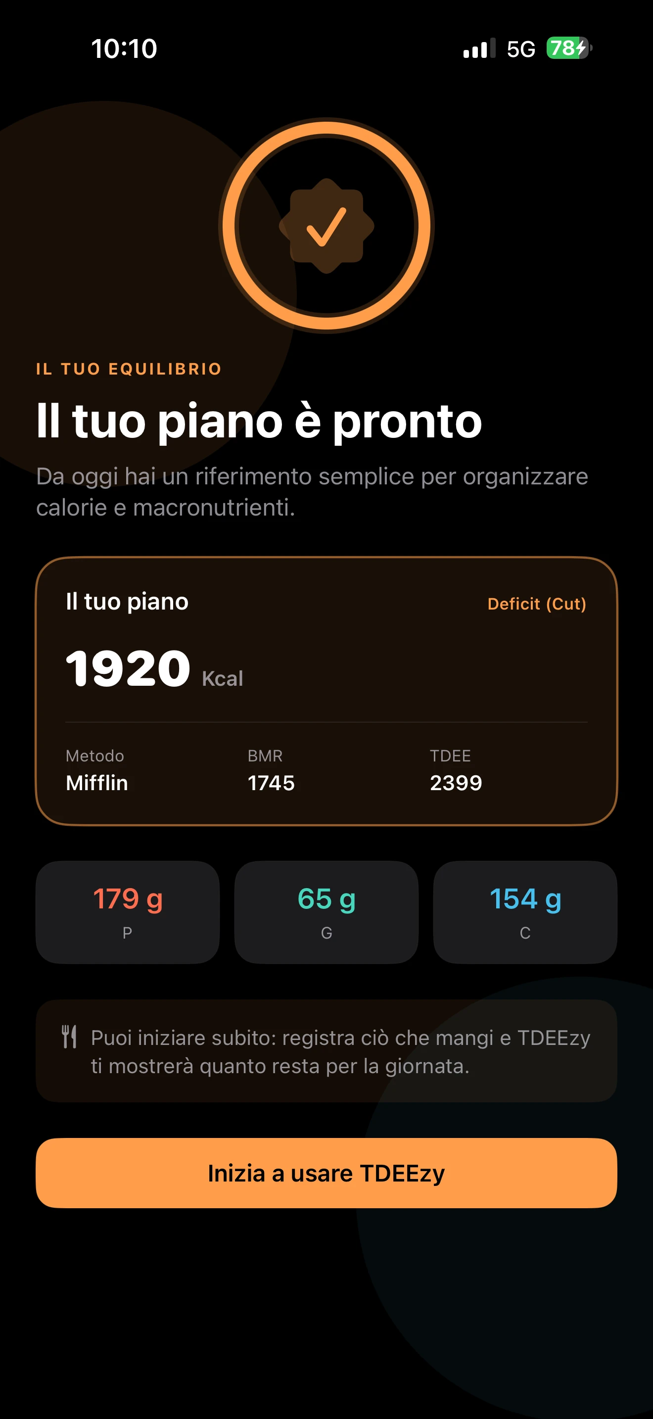 Anteprima finale del piano nutrizionale — Dark Mode