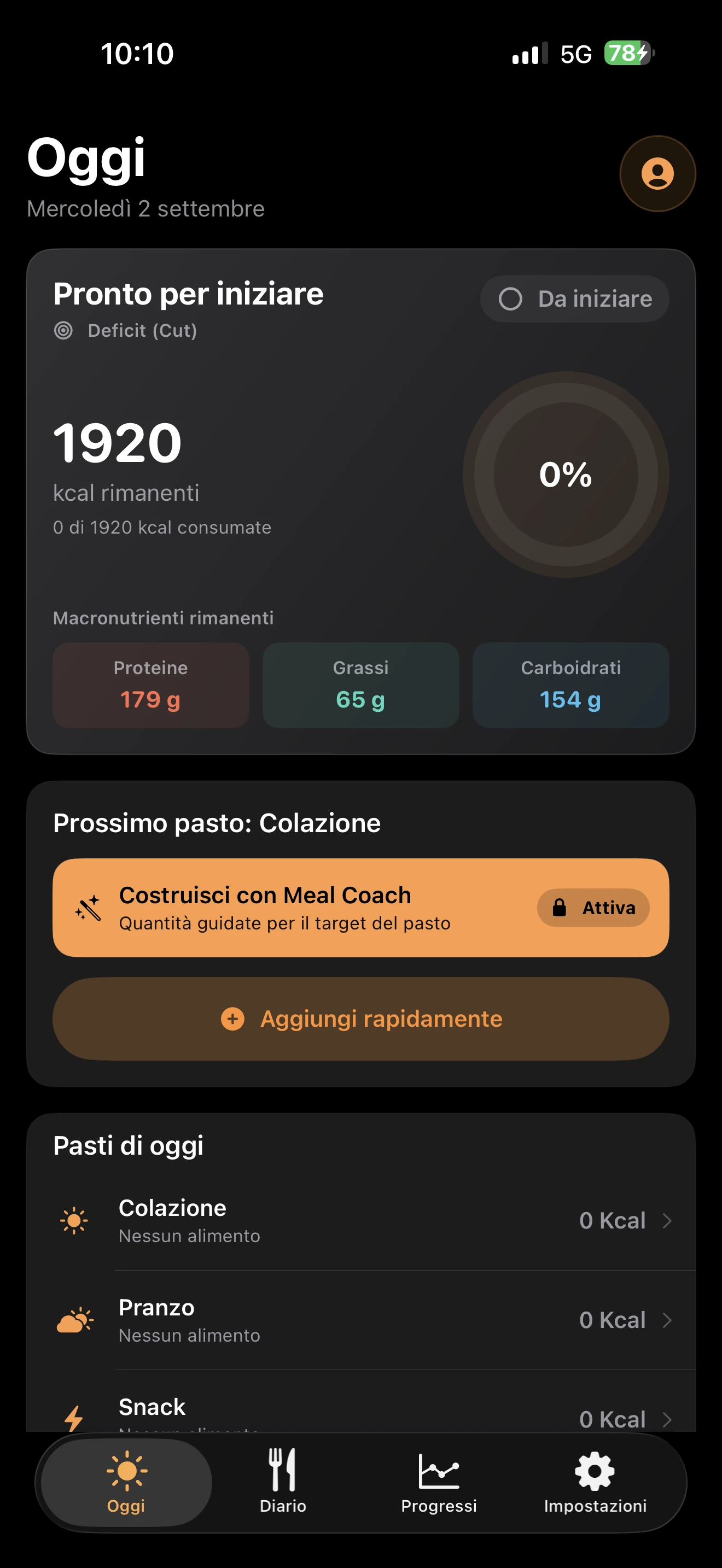 Schermata Oggi di TDEEzy 5.0 — Dark Mode