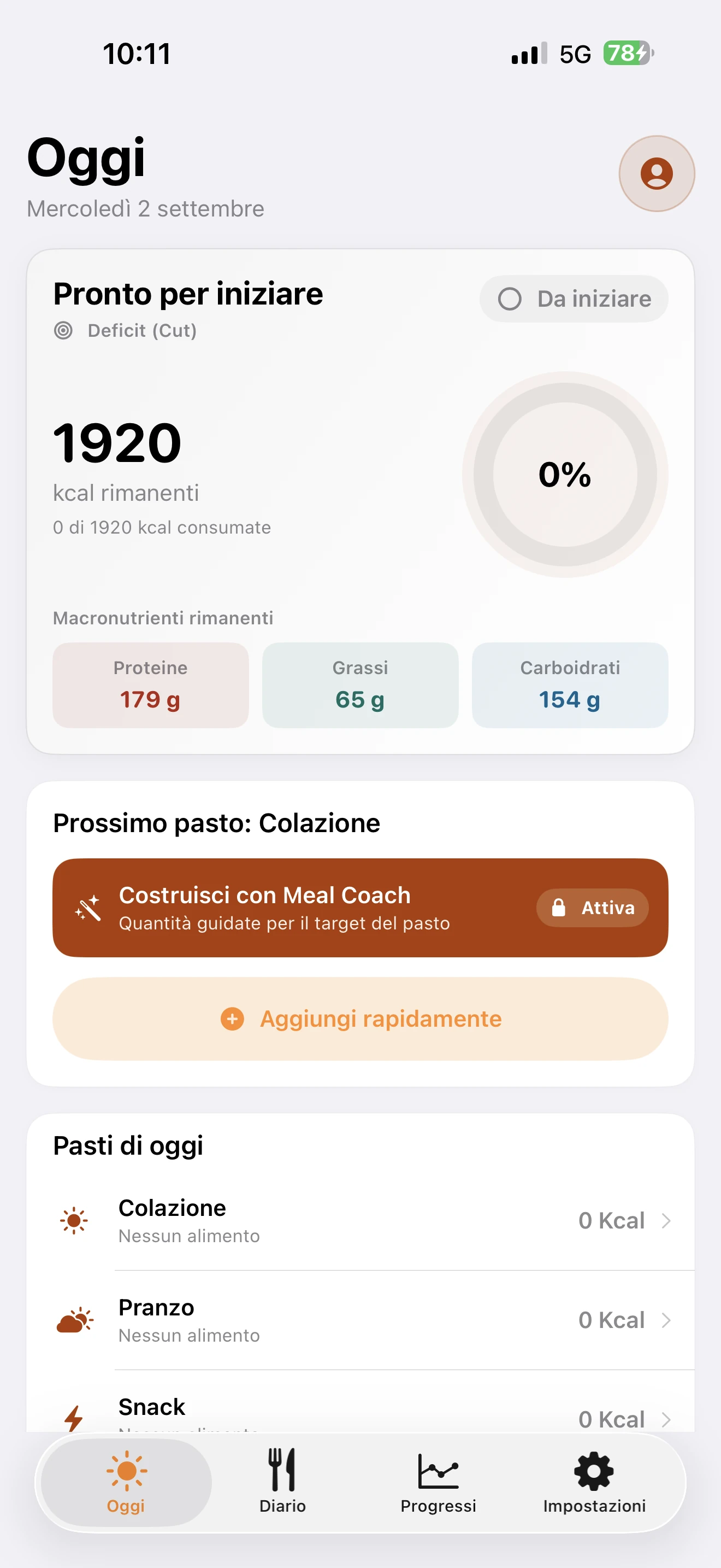 Schermata Oggi di TDEEzy 5.0 — Light Mode