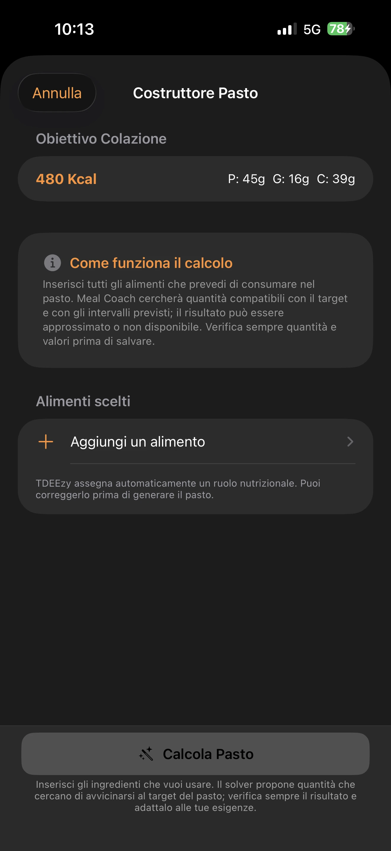 Costruttore del Meal Coach 5.0 — Dark Mode