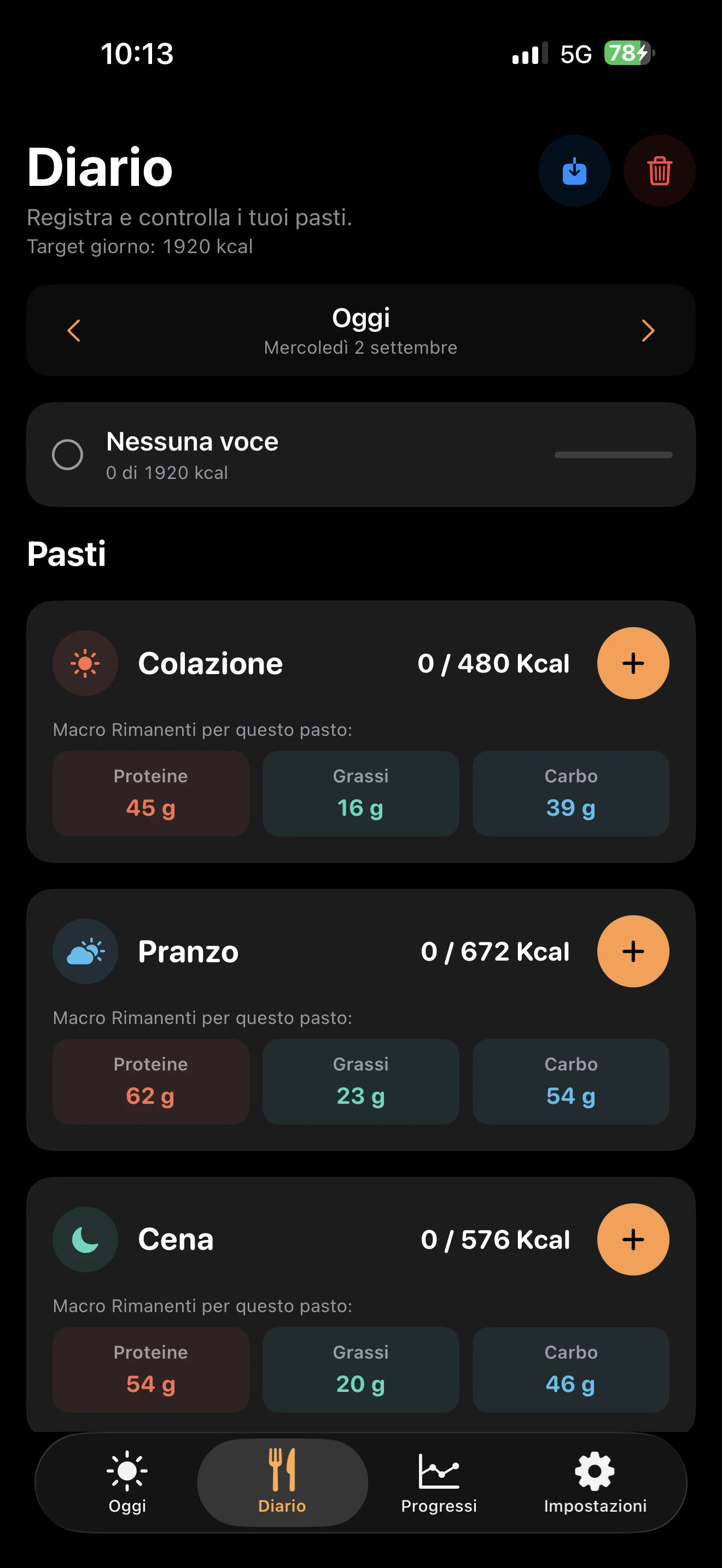 Diario giornaliero di TDEEzy 5.0 — Dark Mode