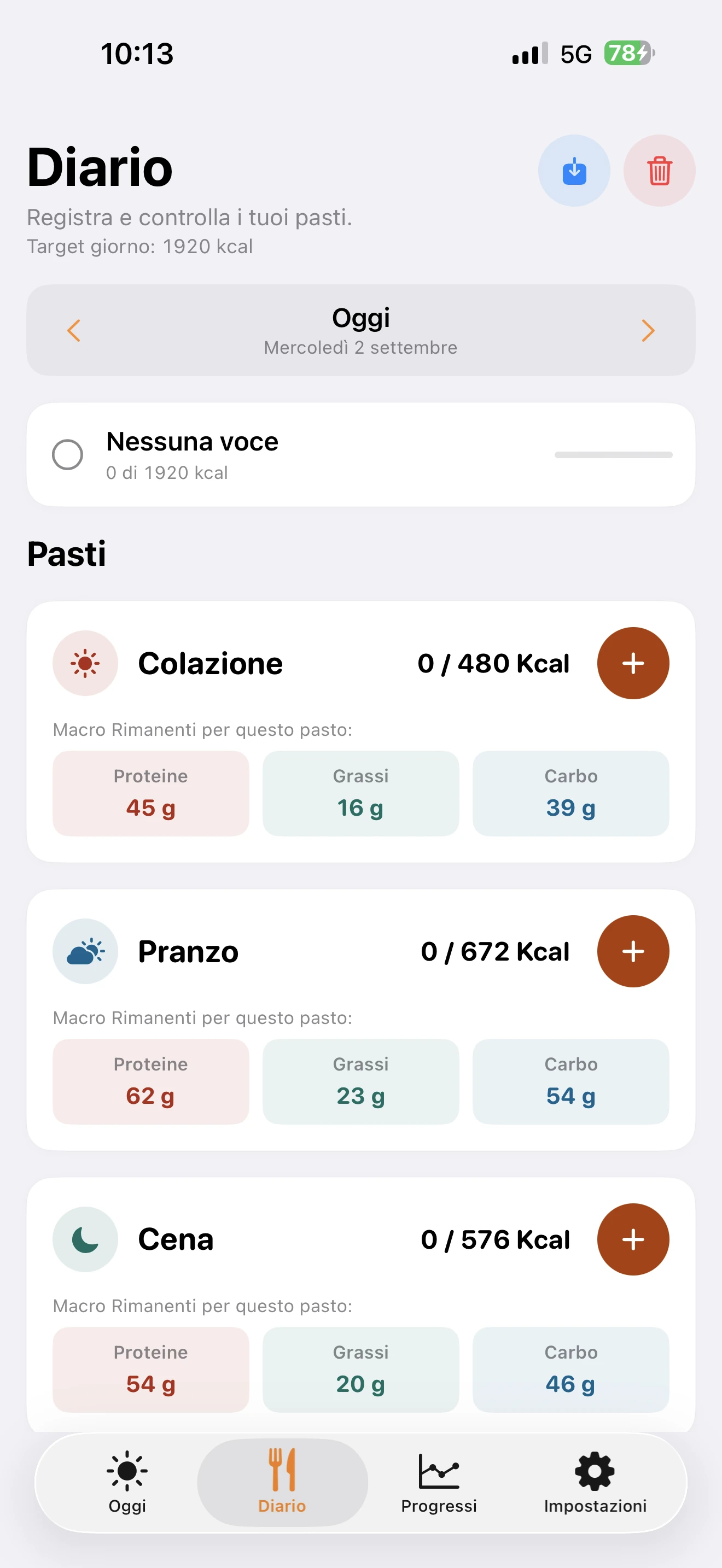 Diario giornaliero di TDEEzy 5.0 — Light Mode