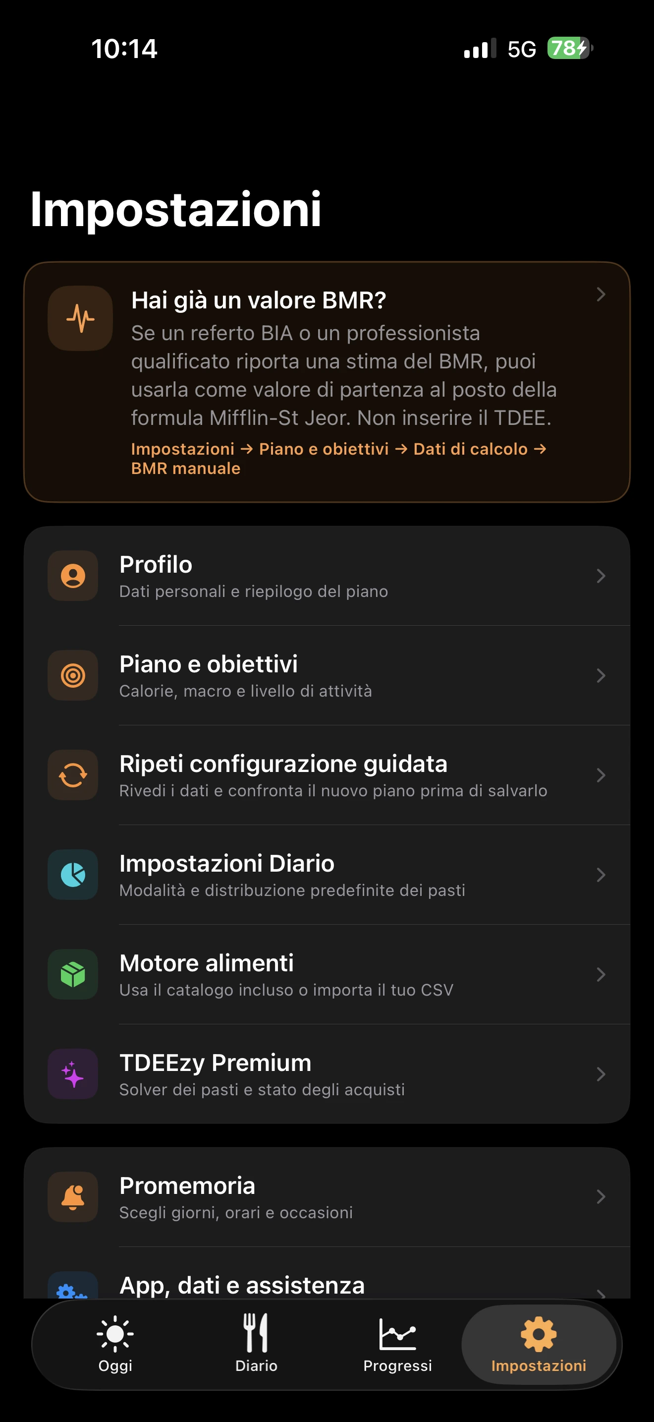 Schermata Impostazioni di TDEEzy 5.0 — Dark Mode