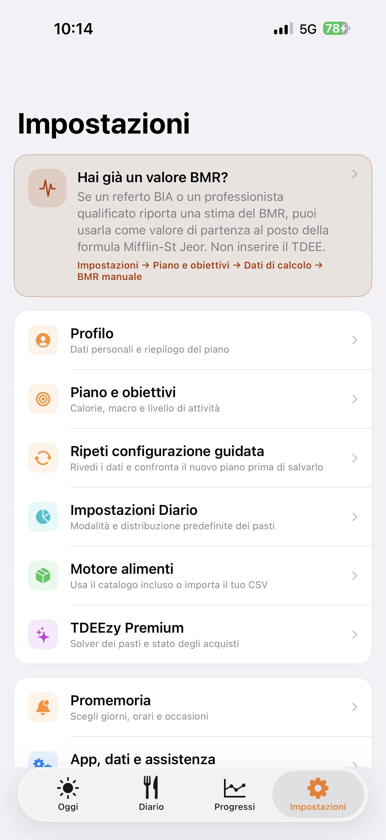 Schermata Impostazioni di TDEEzy 5.0 — Light Mode