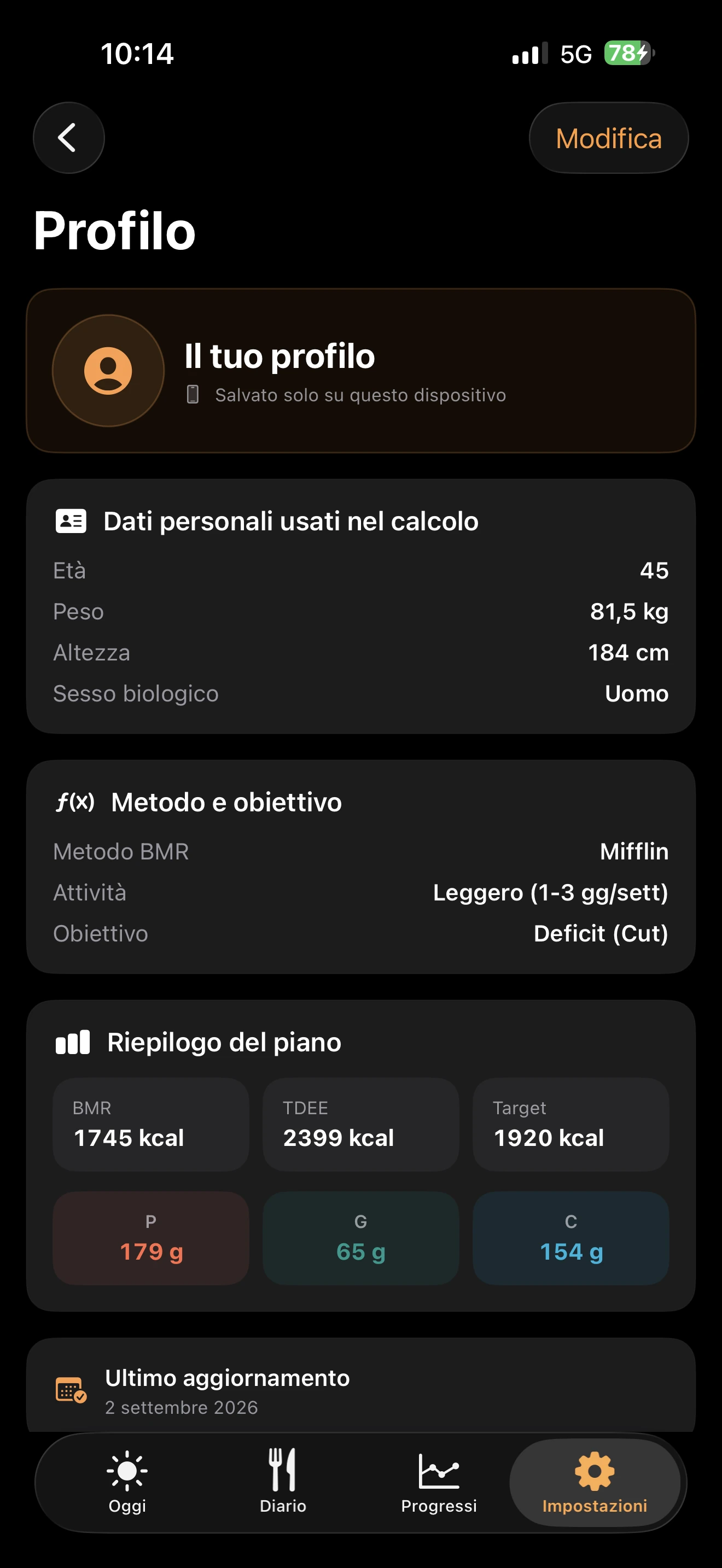 Profilo locale TDEEzy — Dark Mode