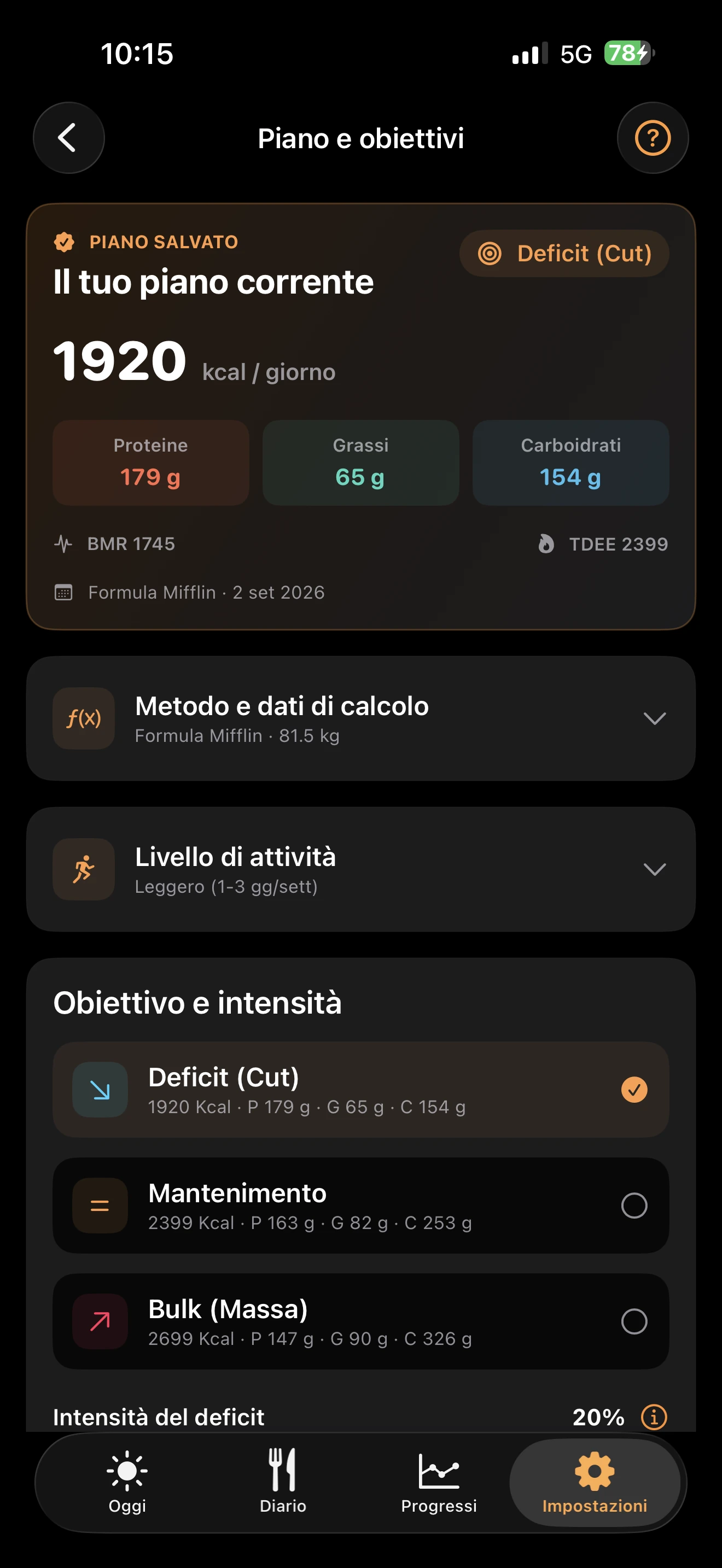 Piano e obiettivi TDEEzy — Dark Mode