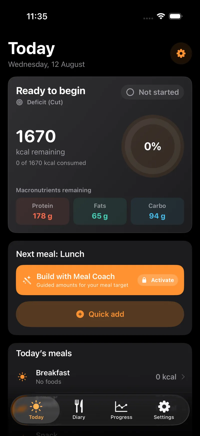 TDEEzy Today screen in dark mode