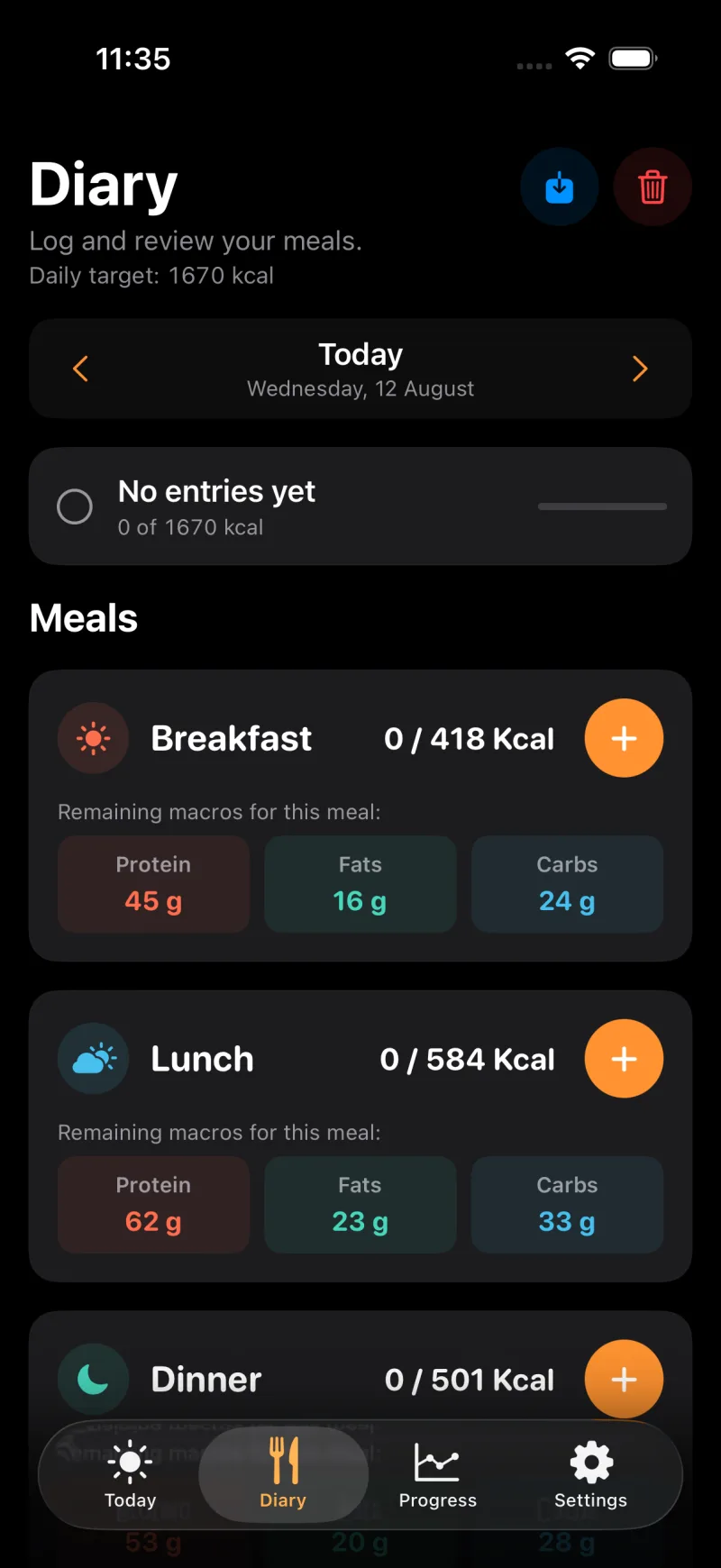 TDEEzy Diary screen in dark mode