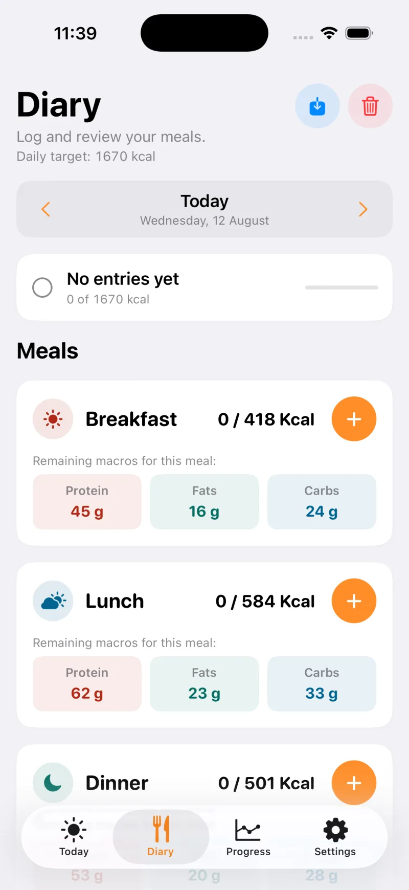 TDEEzy Diary screen in light mode