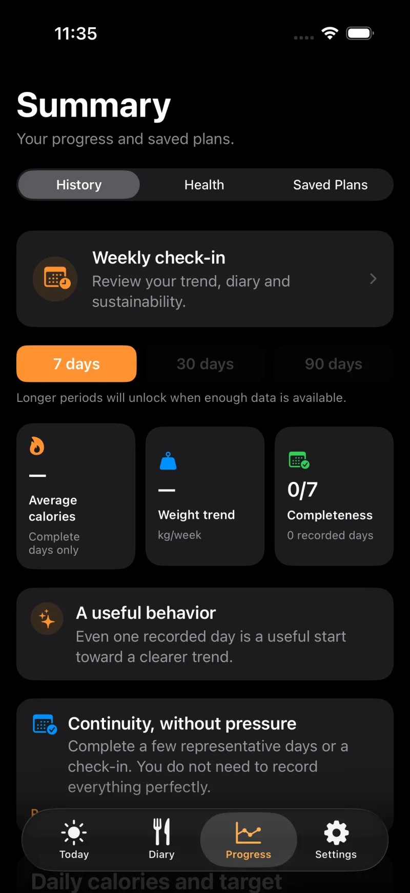 TDEEzy Progress screen in dark mode
