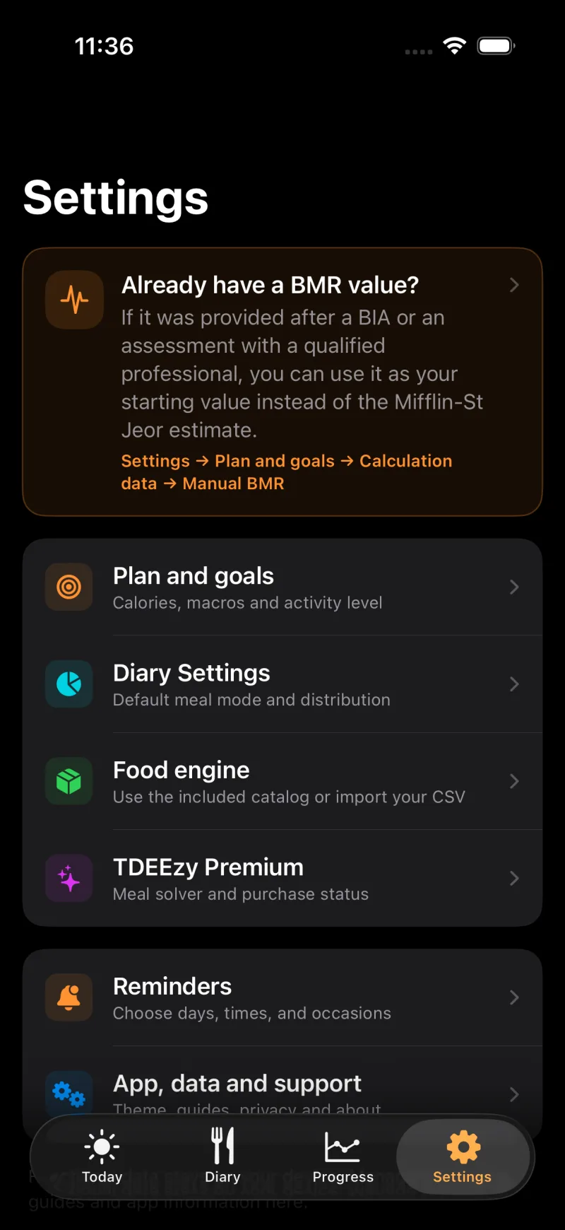 TDEEzy screen 5 in dark mode