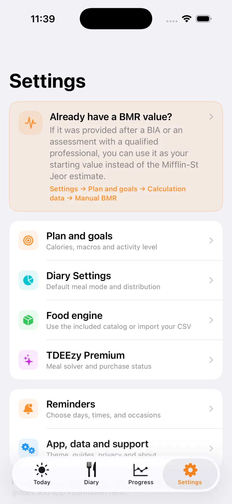TDEEzy screen 5 in light mode
